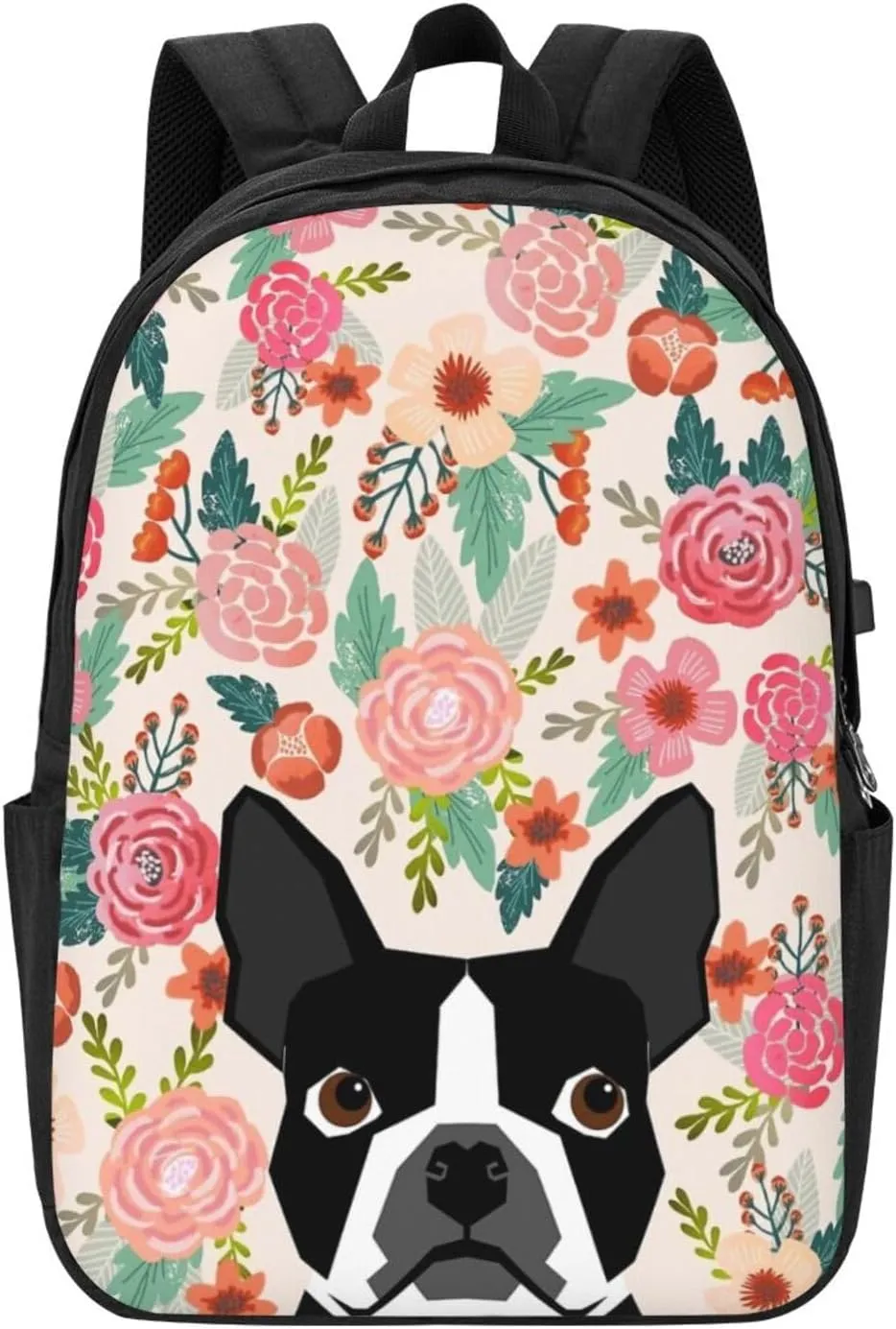Boston Terrier Dog Backpack, 17 Inch Travel Business Laptop Backpack With USB Port for Women Men