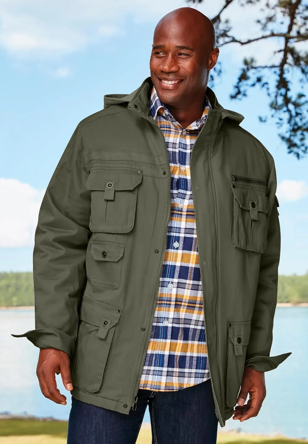 Boulder Creek by Kingsize Men's Big & Tall 9 Pocket Twill Utility Jacket with Removable Hood