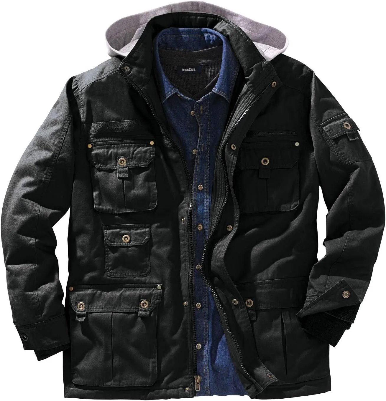 Boulder Creek by Kingsize Men's Big & Tall 9 Pocket Twill Utility Jacket with Removable Hood