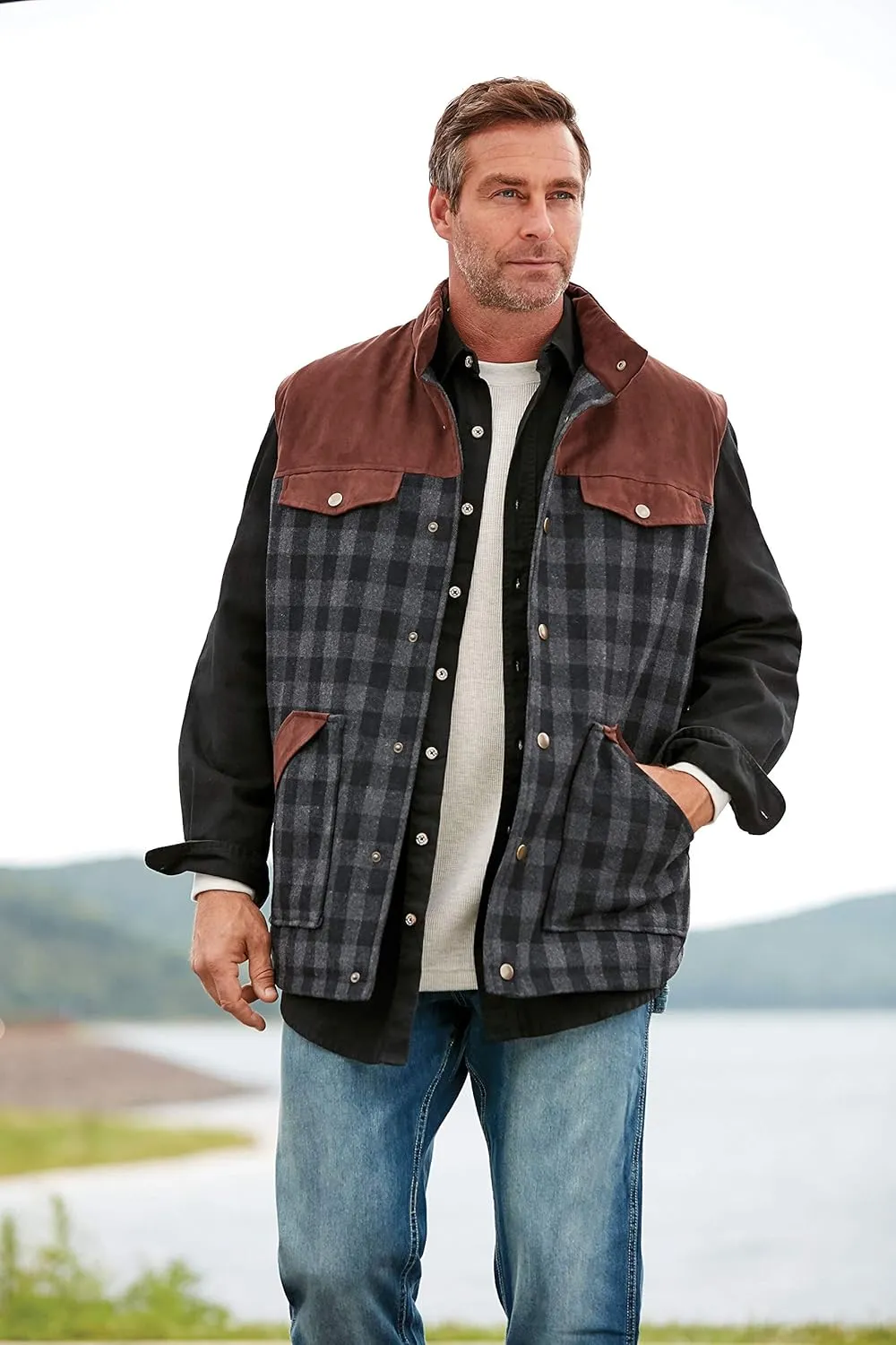 Boulder Creek by KingSize Men's Big & Tall Plaid Multi-Pocket Vest