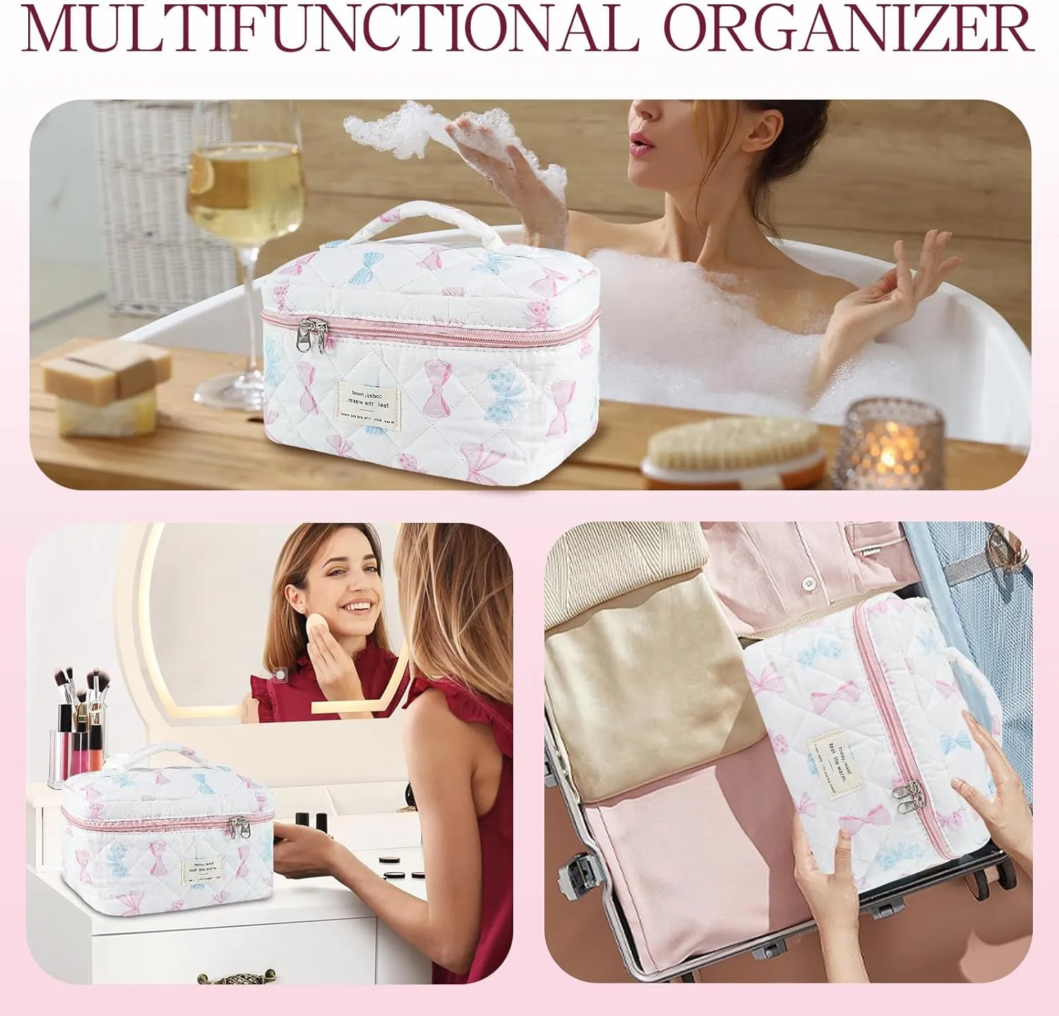 Bow Makeup Bag Organizer, Travel Makeup Bags for Women, Quilted Cosmetic Bag for Women, Large Travel Toiletry Bag, Cute Makeup Bags for Teen Girls, Cute Toiletry Bag Organizer