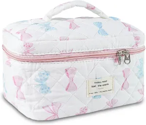 Bow Makeup Bag Organizer, Travel Makeup Bags for Women, Quilted Cosmetic Bag for Women, Large Travel Toiletry Bag, Cute Makeup Bags for Teen Girls, Cute Toiletry Bag Organizer