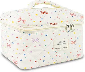 Bow Makeup Bag Organizer, Travel Makeup Bags for Women, Quilted Cosmetic Bag for Women, Large Travel Toiletry Bag, Cute Makeup Bags for Teen Girls, Cute Toiletry Bag Organizer