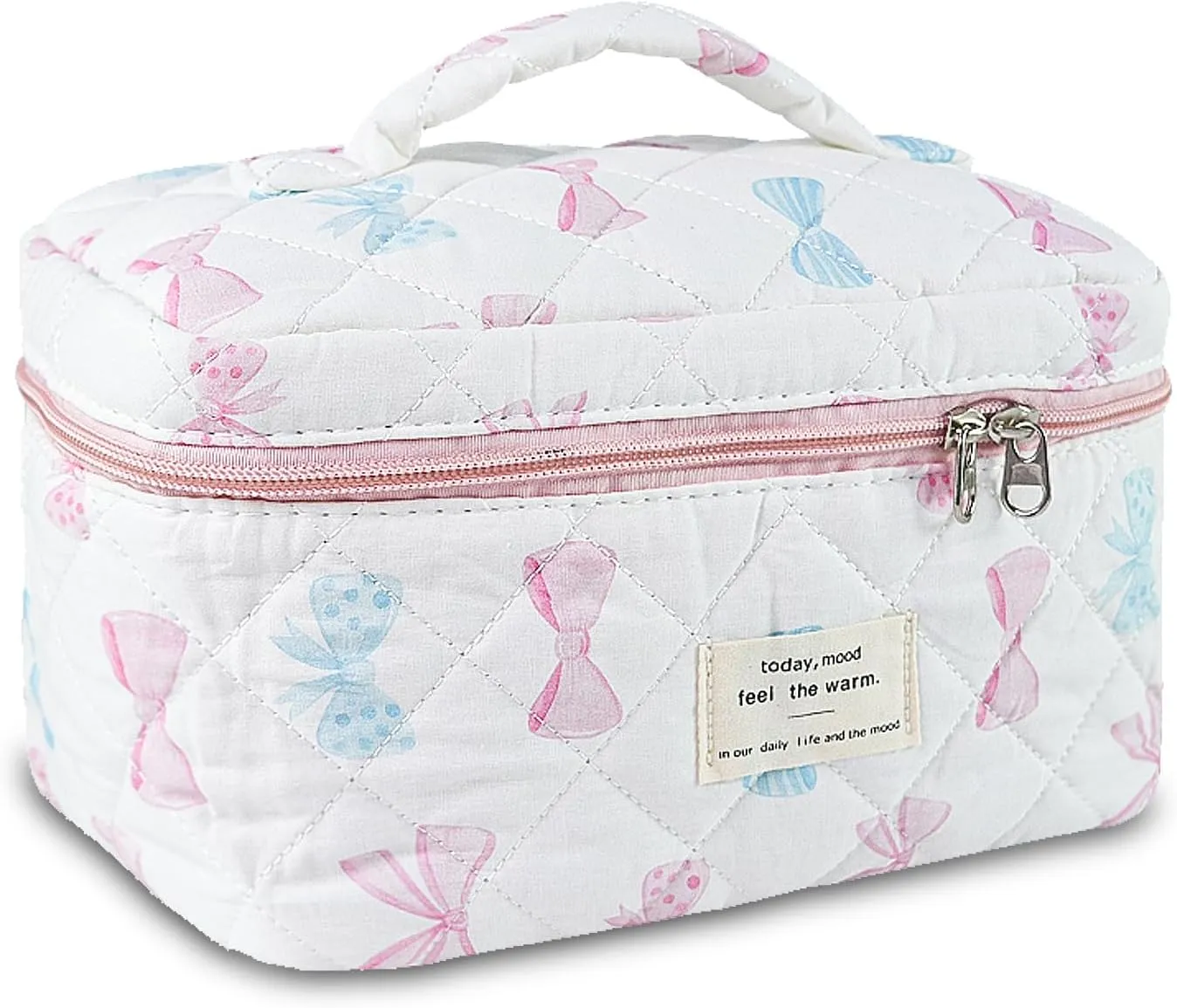 Bow Makeup Bag Organizer, Travel Makeup Bags for Women, Quilted Cosmetic Bag for Women, Large Travel Toiletry Bag, Cute Makeup Bags for Teen Girls, Cute Toiletry Bag Organizer
