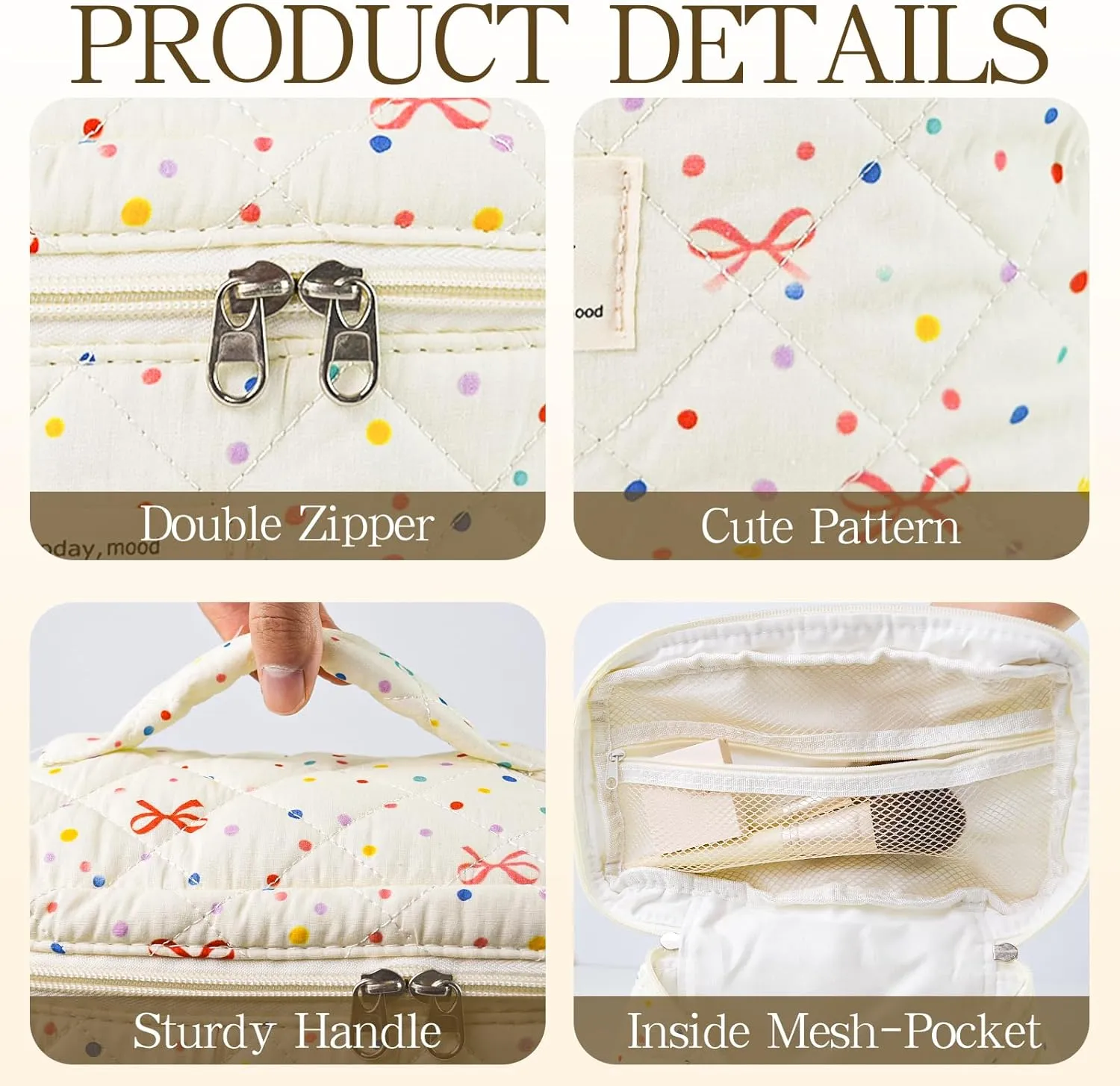Bow Makeup Bag Organizer, Travel Makeup Bags for Women, Quilted Cosmetic Bag for Women, Large Travel Toiletry Bag, Cute Makeup Bags for Teen Girls, Cute Toiletry Bag Organizer