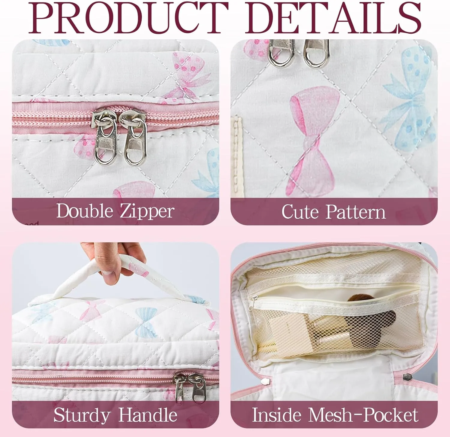 Bow Makeup Bag Organizer, Travel Makeup Bags for Women, Quilted Cosmetic Bag for Women, Large Travel Toiletry Bag, Cute Makeup Bags for Teen Girls, Cute Toiletry Bag Organizer