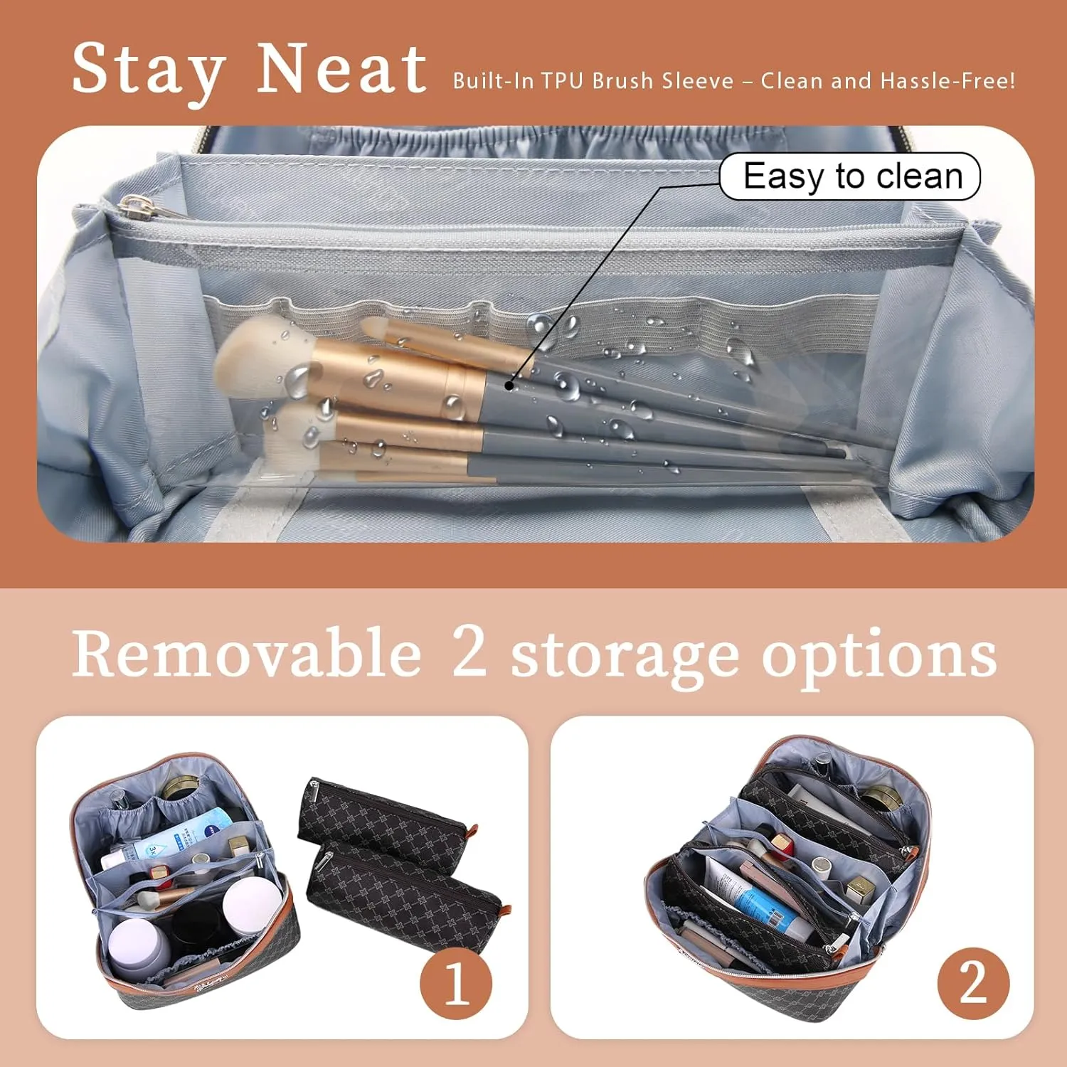 BOYATU Travel Makeup Bag Cosmetic Bags for Women: Large Make up Bags Set of 3 - Portable Makeup Organizer with Compartments&Handle&Divider - Waterproof PU Leather Toiletry Bag(01-Black)