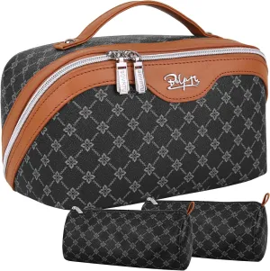 BOYATU Travel Makeup Bag Cosmetic Bags for Women: Large Make up Bags Set of 3 - Portable Makeup Organizer with Compartments&Handle&Divider - Waterproof PU Leather Toiletry Bag(01-Black)