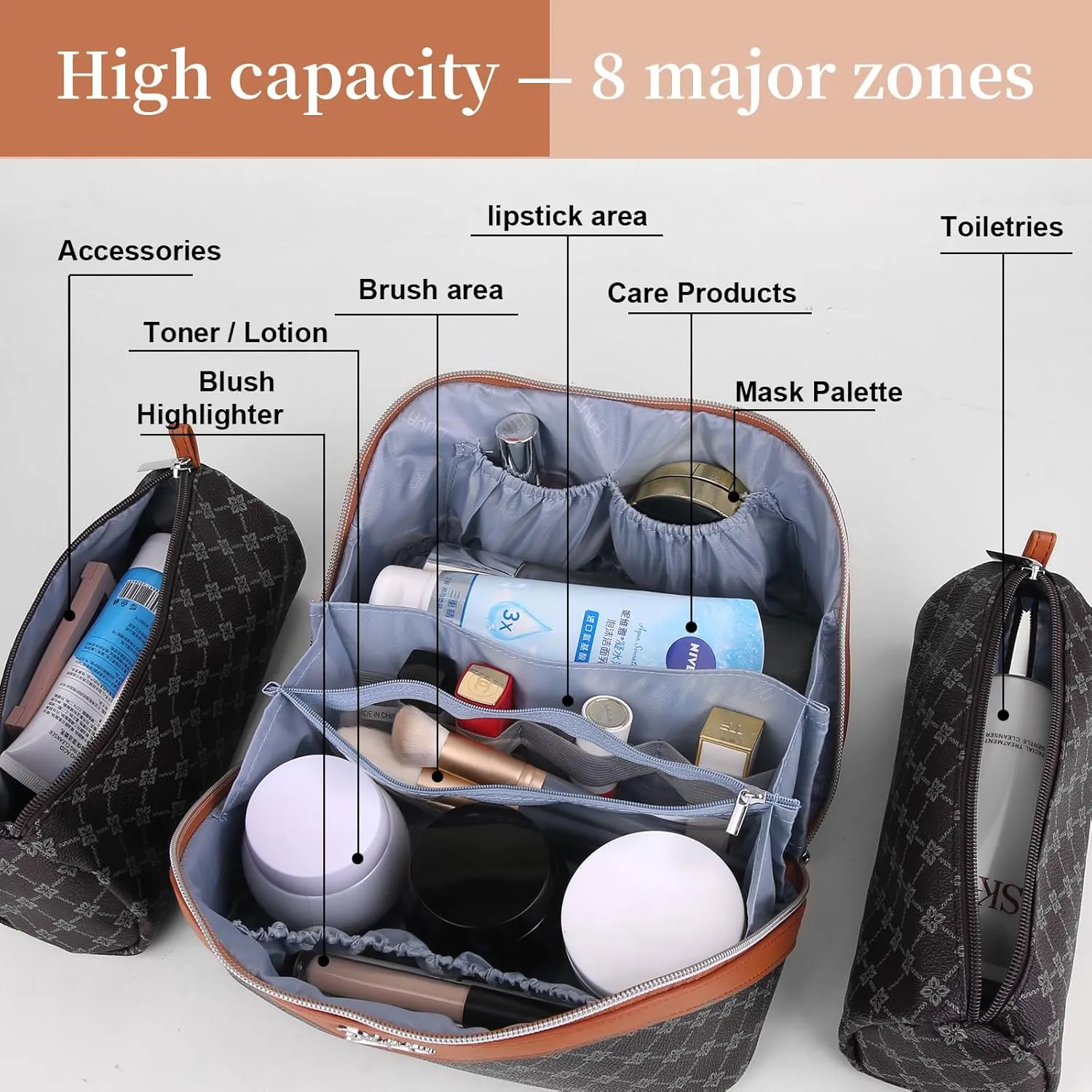 BOYATU Travel Makeup Bag Cosmetic Bags for Women: Large Make up Bags Set of 3 - Portable Makeup Organizer with Compartments&Handle&Divider - Waterproof PU Leather Toiletry Bag(01-Black)