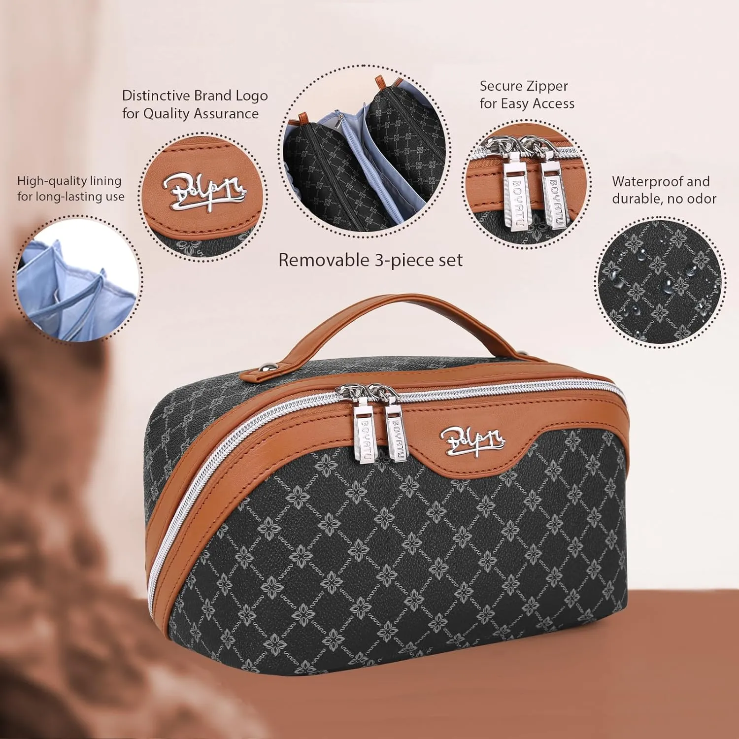 BOYATU Travel Makeup Bag Cosmetic Bags for Women: Large Make up Bags Set of 3 - Portable Makeup Organizer with Compartments&Handle&Divider - Waterproof PU Leather Toiletry Bag(01-Black)