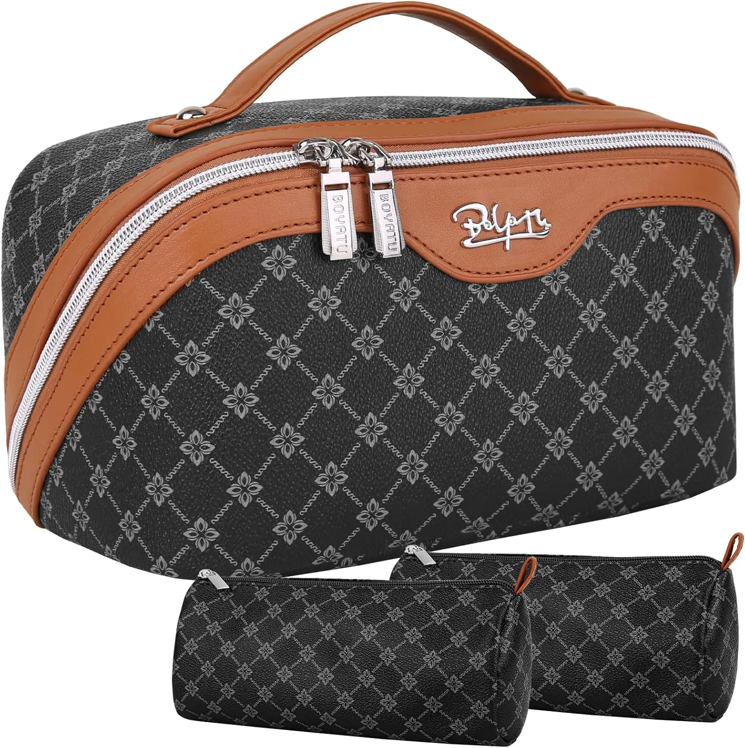 BOYATU Travel Makeup Bag Cosmetic Bags for Women: Large Make up Bags Set of 3 - Portable Makeup Organizer with Compartments&Handle&Divider - Waterproof PU Leather Toiletry Bag(01-Black)