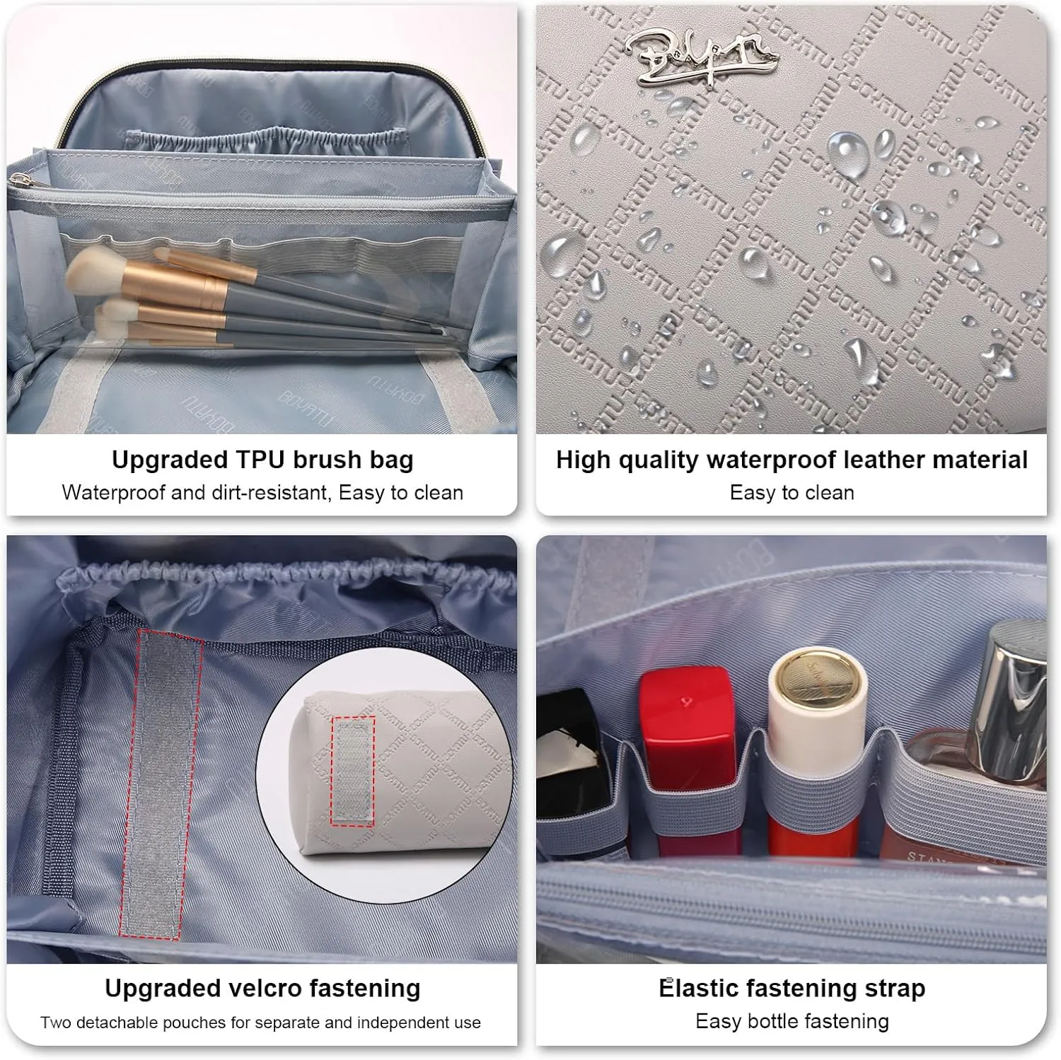 BOYATU Travel Makeup Bags Cosmetic Organizer Bag: 3-Set Large Capacity Make up Bag - PU Leather Toiletry Bags for Women - Wide Open Portable Pouch with Divider & Handle (07-Gray)