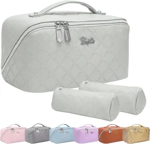 BOYATU Travel Makeup Bags Cosmetic Organizer Bag: 3-Set Large Capacity Make up Bag - PU Leather Toiletry Bags for Women - Wide Open Portable Pouch with Divider & Handle (07-Gray)