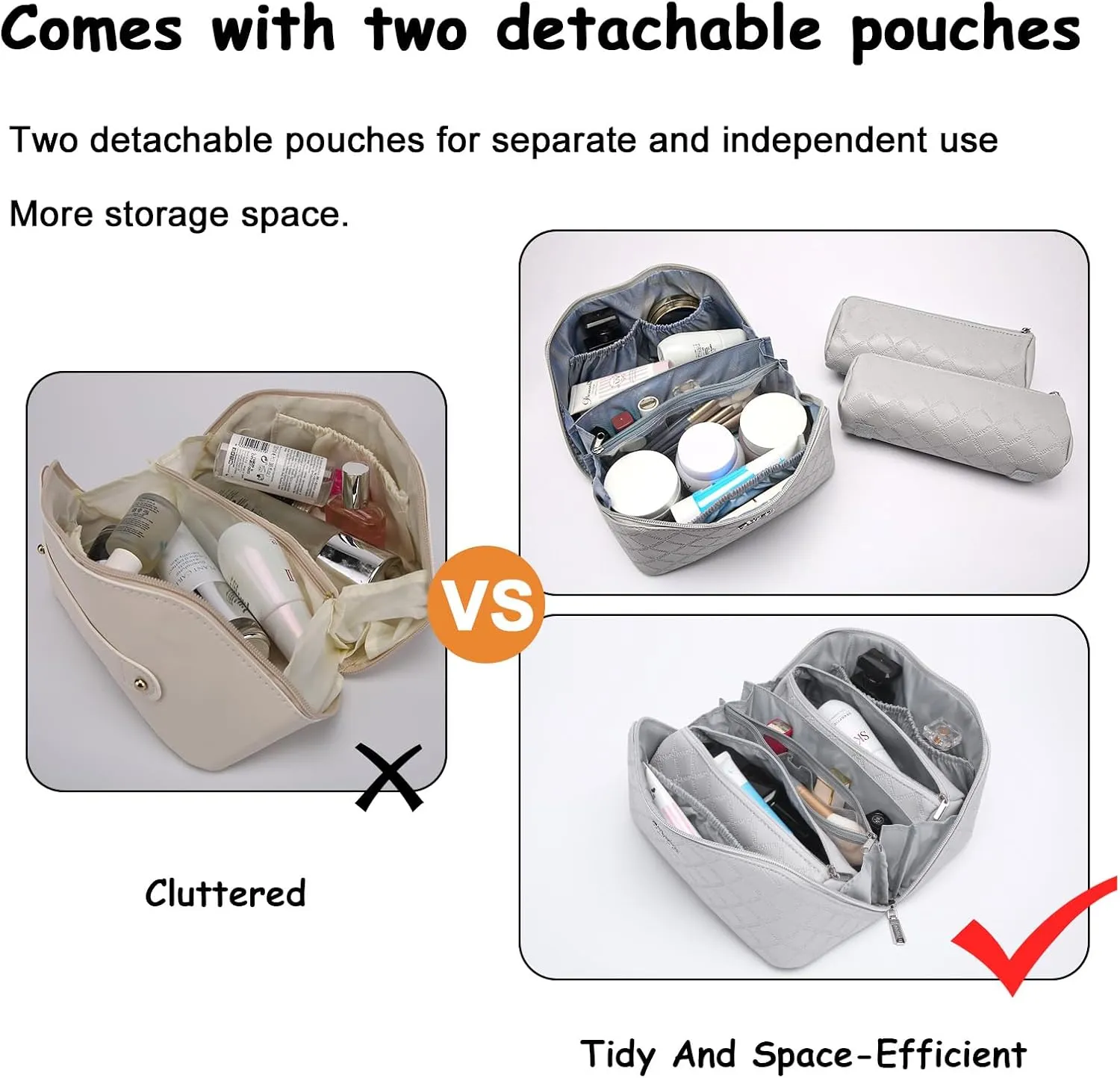 BOYATU Travel Makeup Bags Cosmetic Organizer Bag: 3-Set Large Capacity Make up Bag - PU Leather Toiletry Bags for Women - Wide Open Portable Pouch with Divider & Handle (07-Gray)