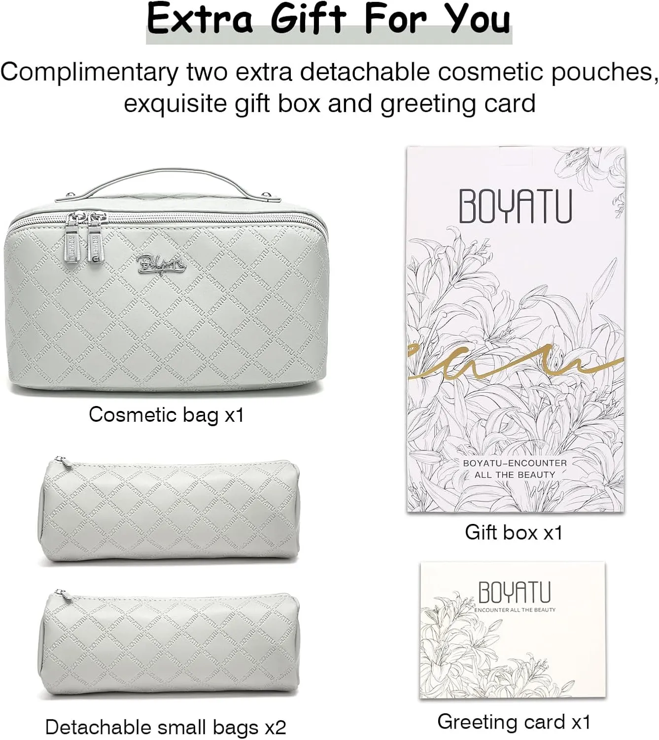 BOYATU Travel Makeup Bags Cosmetic Organizer Bag: 3-Set Large Capacity Make up Bag - PU Leather Toiletry Bags for Women - Wide Open Portable Pouch with Divider & Handle (07-Gray)