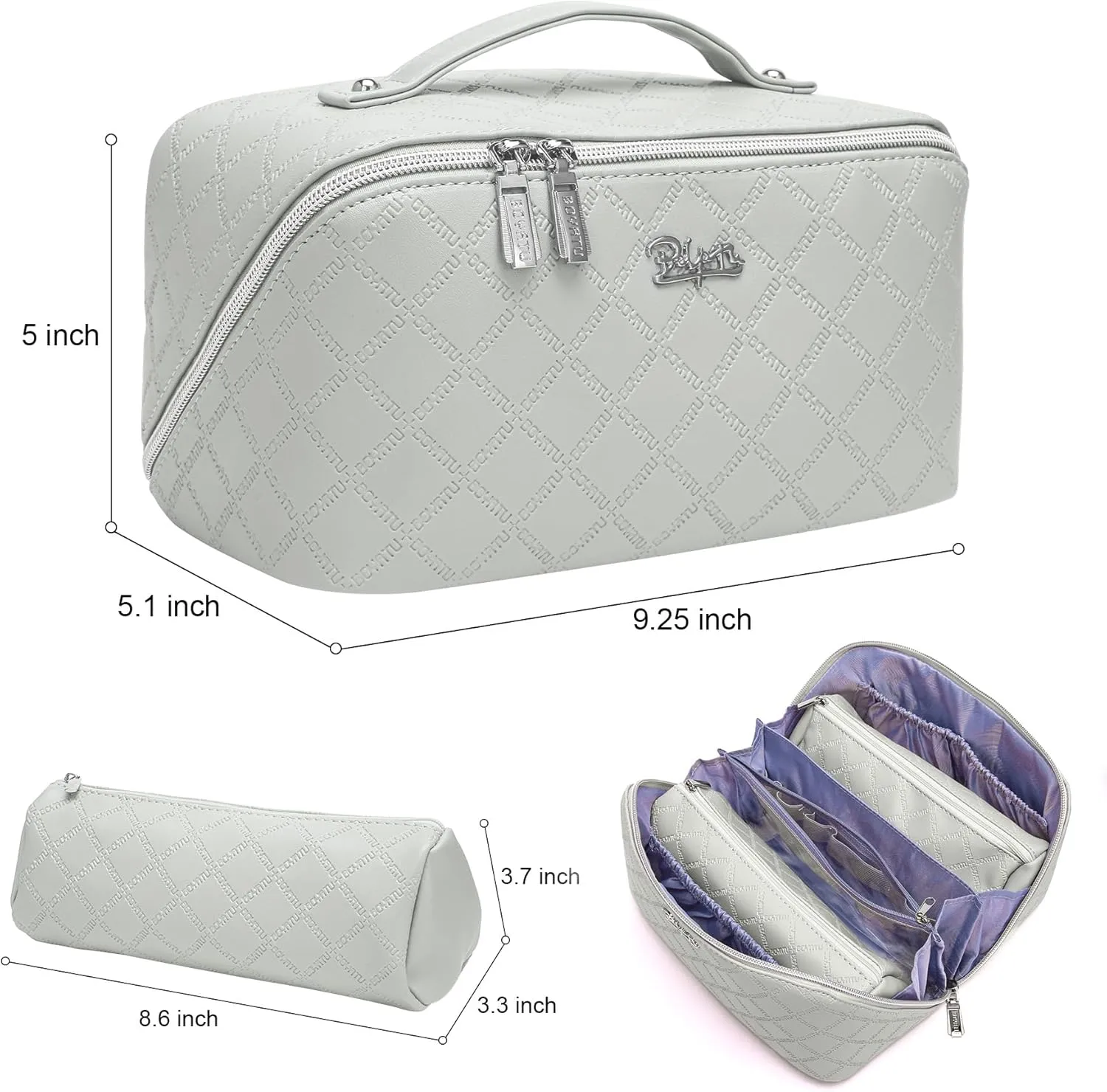 BOYATU Travel Makeup Bags Cosmetic Organizer Bag: 3-Set Large Capacity Make up Bag - PU Leather Toiletry Bags for Women - Wide Open Portable Pouch with Divider & Handle (07-Gray)