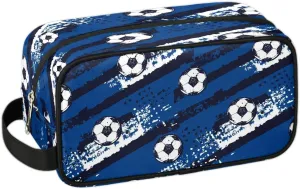 Boys Travel Toiletry Bag, Kids Waterproof Hanging Dopp Kit, Blue Soccer Wash Bag with Large Capacity for Travel, Sports, Shower