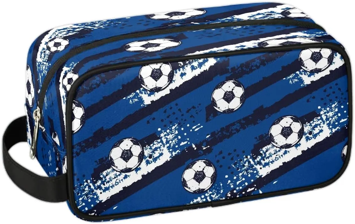 Boys Travel Toiletry Bag, Kids Waterproof Hanging Dopp Kit, Blue Soccer Wash Bag with Large Capacity for Travel, Sports, Shower