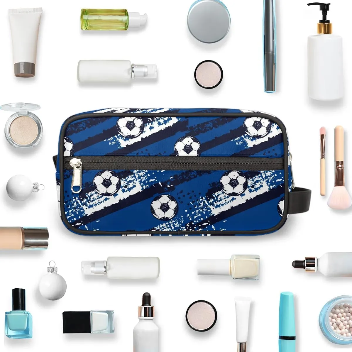 Boys Travel Toiletry Bag, Kids Waterproof Hanging Dopp Kit, Blue Soccer Wash Bag with Large Capacity for Travel, Sports, Shower
