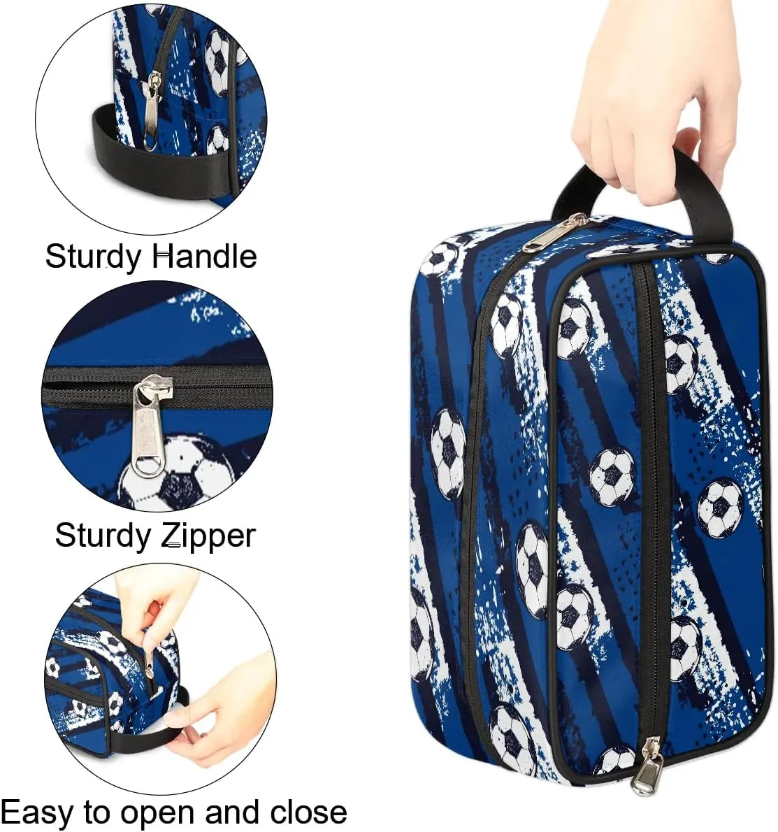 Boys Travel Toiletry Bag, Kids Waterproof Hanging Dopp Kit, Blue Soccer Wash Bag with Large Capacity for Travel, Sports, Shower