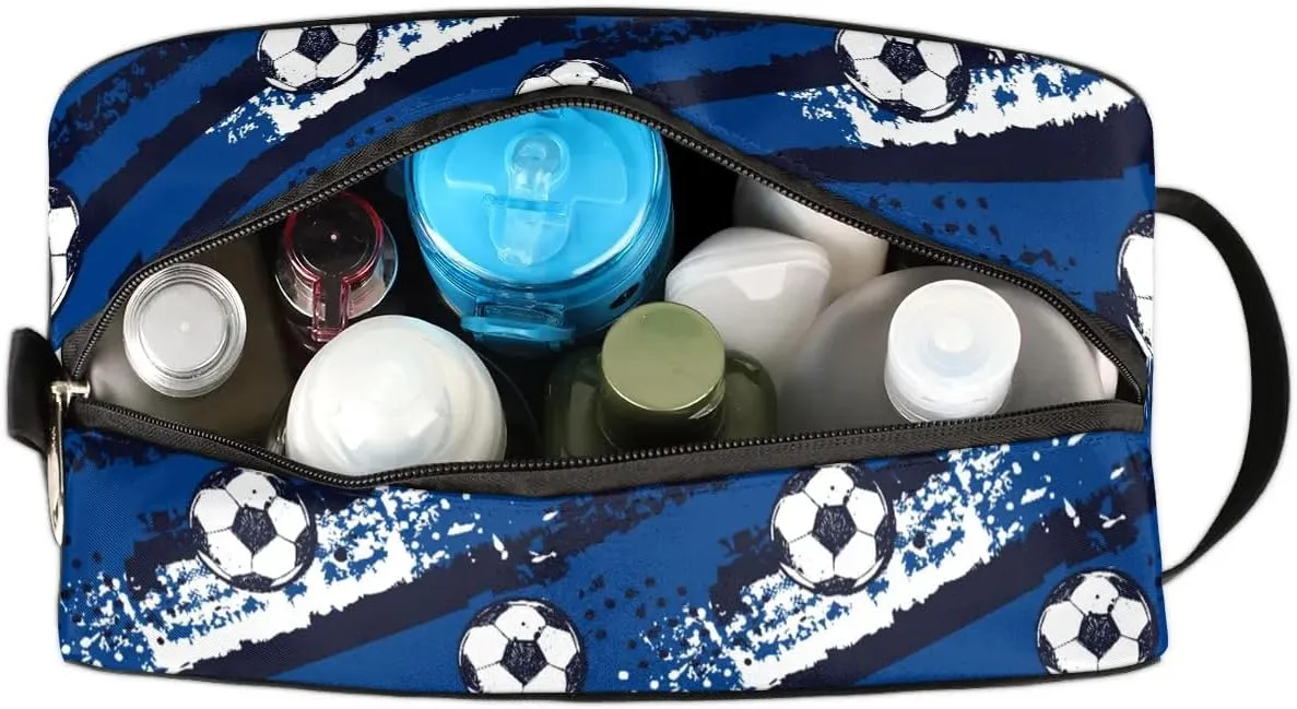 Boys Travel Toiletry Bag, Kids Waterproof Hanging Dopp Kit, Blue Soccer Wash Bag with Large Capacity for Travel, Sports, Shower