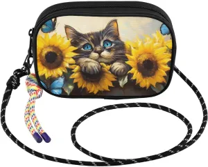 British Shorthair Cat Sunflower Crossbody Bags for Women Cell Phone Purses Women's Shoulder Handbag Wallet Purse with Rope Pendant