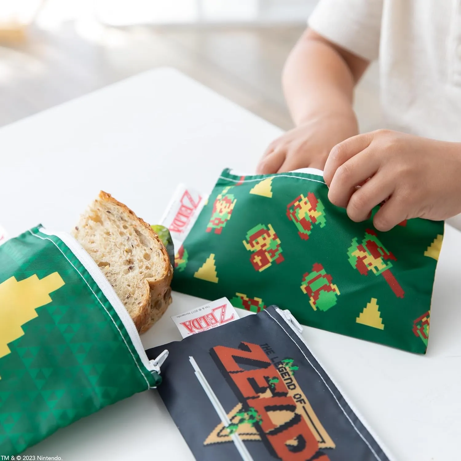 Bumkins Nintendo Reusable Sandwich and Snack Bags, for Kids School Lunch and for Adults Portion, Washable Fabric, Waterproof Cloth Zip Bag, Travel Pouch, Food-Safe Storage, 3-pk Legend of Zelda