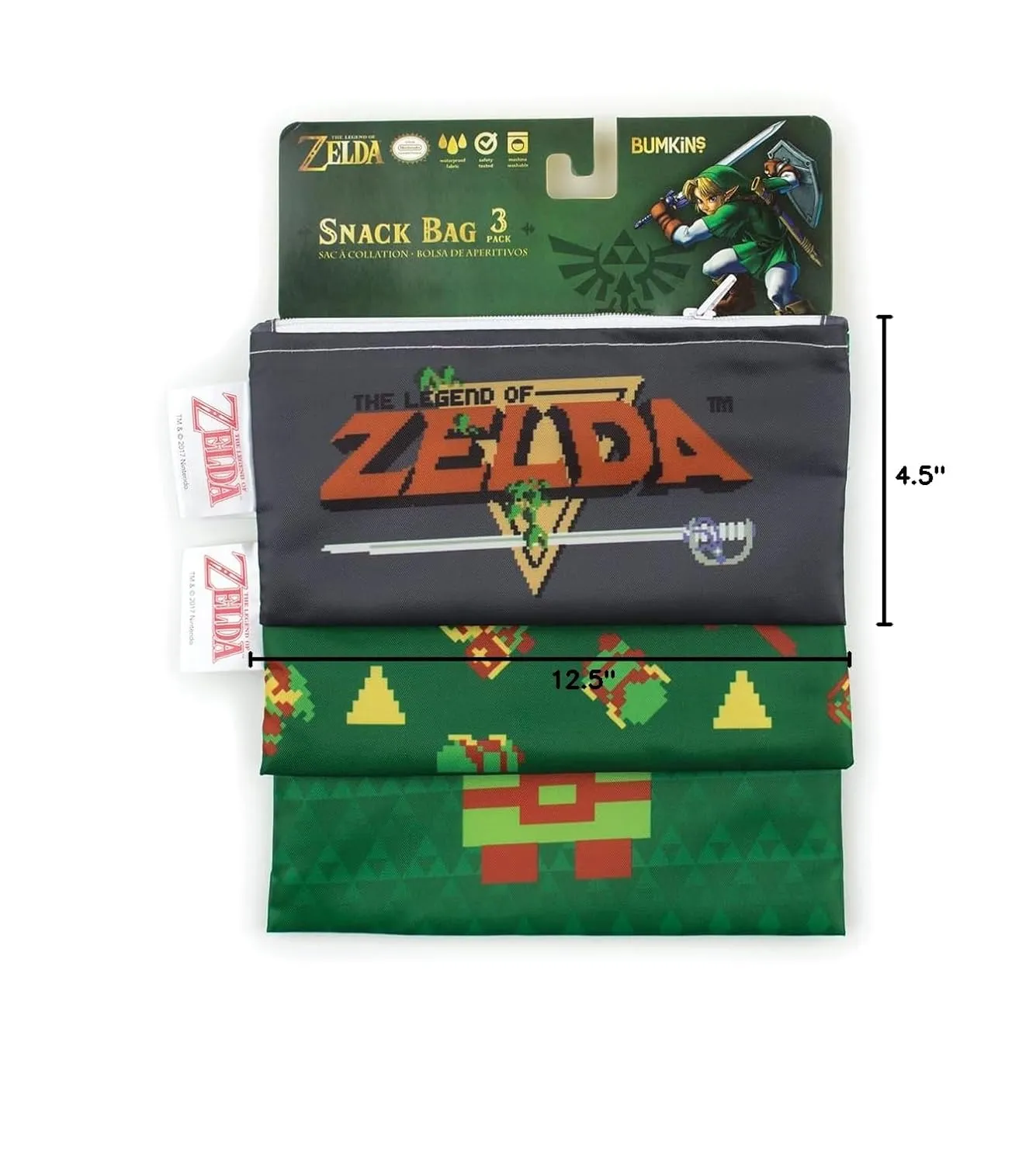 Bumkins Nintendo Reusable Sandwich and Snack Bags, for Kids School Lunch and for Adults Portion, Washable Fabric, Waterproof Cloth Zip Bag, Travel Pouch, Food-Safe Storage, 3-pk Legend of Zelda