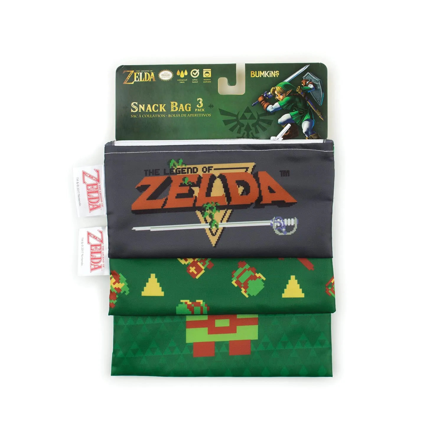 Bumkins Nintendo Reusable Sandwich and Snack Bags, for Kids School Lunch and for Adults Portion, Washable Fabric, Waterproof Cloth Zip Bag, Travel Pouch, Food-Safe Storage, 3-pk Legend of Zelda