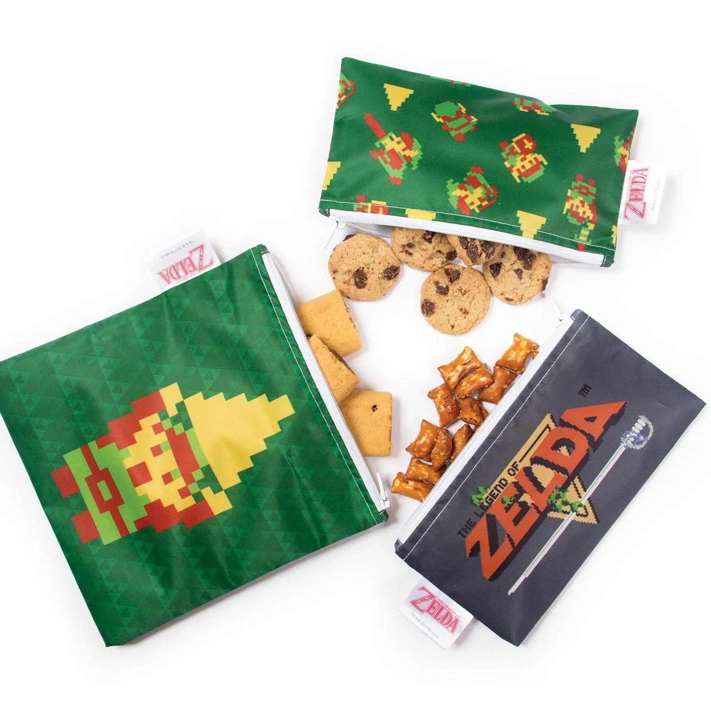 Bumkins Nintendo Reusable Sandwich and Snack Bags, for Kids School Lunch and for Adults Portion, Washable Fabric, Waterproof Cloth Zip Bag, Travel Pouch, Food-Safe Storage, 3-pk Legend of Zelda