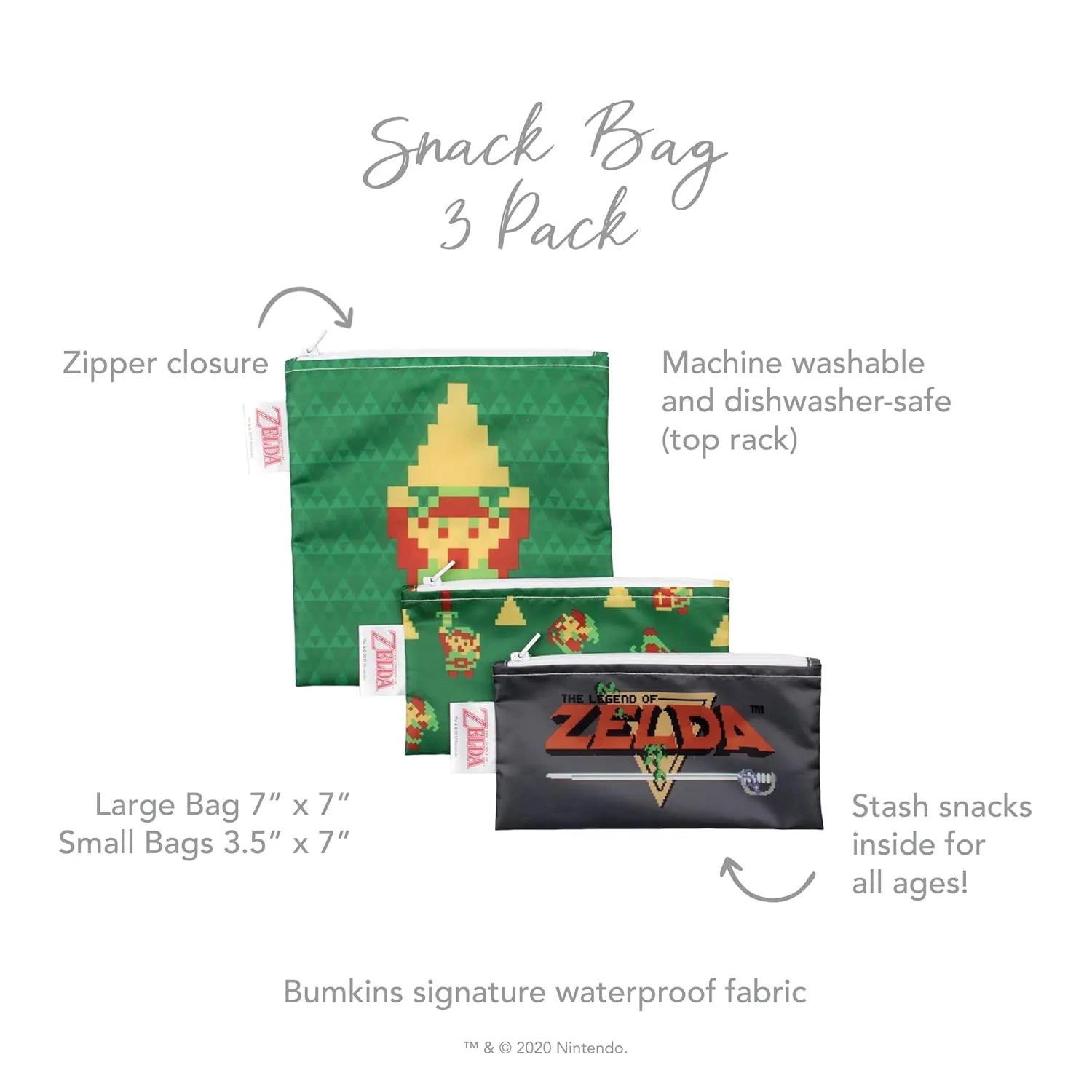 Bumkins Nintendo Reusable Sandwich and Snack Bags, for Kids School Lunch and for Adults Portion, Washable Fabric, Waterproof Cloth Zip Bag, Travel Pouch, Food-Safe Storage, 3-pk Legend of Zelda