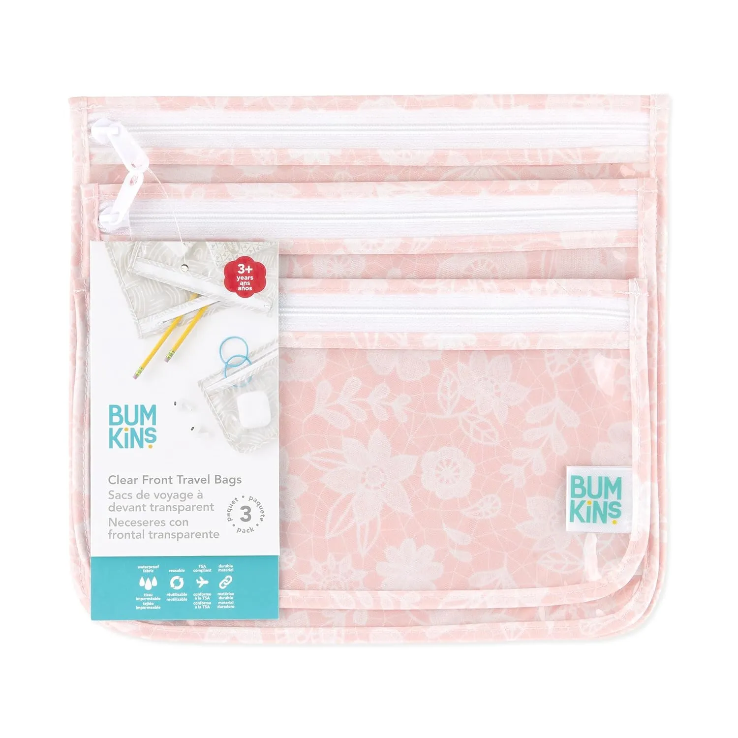 Bumkins Travel Bag, Toiletry, TSA Approved Pouch, Zip Bag, Quart Size Airline Compliant, Clear-Sided, Baby, Diaper Bag Organization, Makeup, Accessories, Packing, Set of 3 Sizes, Floral Gray