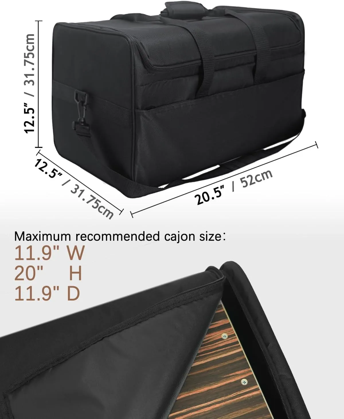 Cajon Box Drum Carry Bag with Carry Handle and Shoulder Straps (Maximum Recommended Cajon Size is 11.9"×20"×11.9")