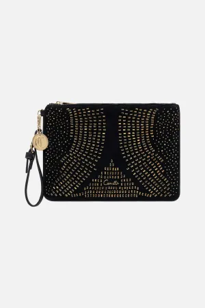 CAMILLA - Suede Zip Top Clutch BLACK