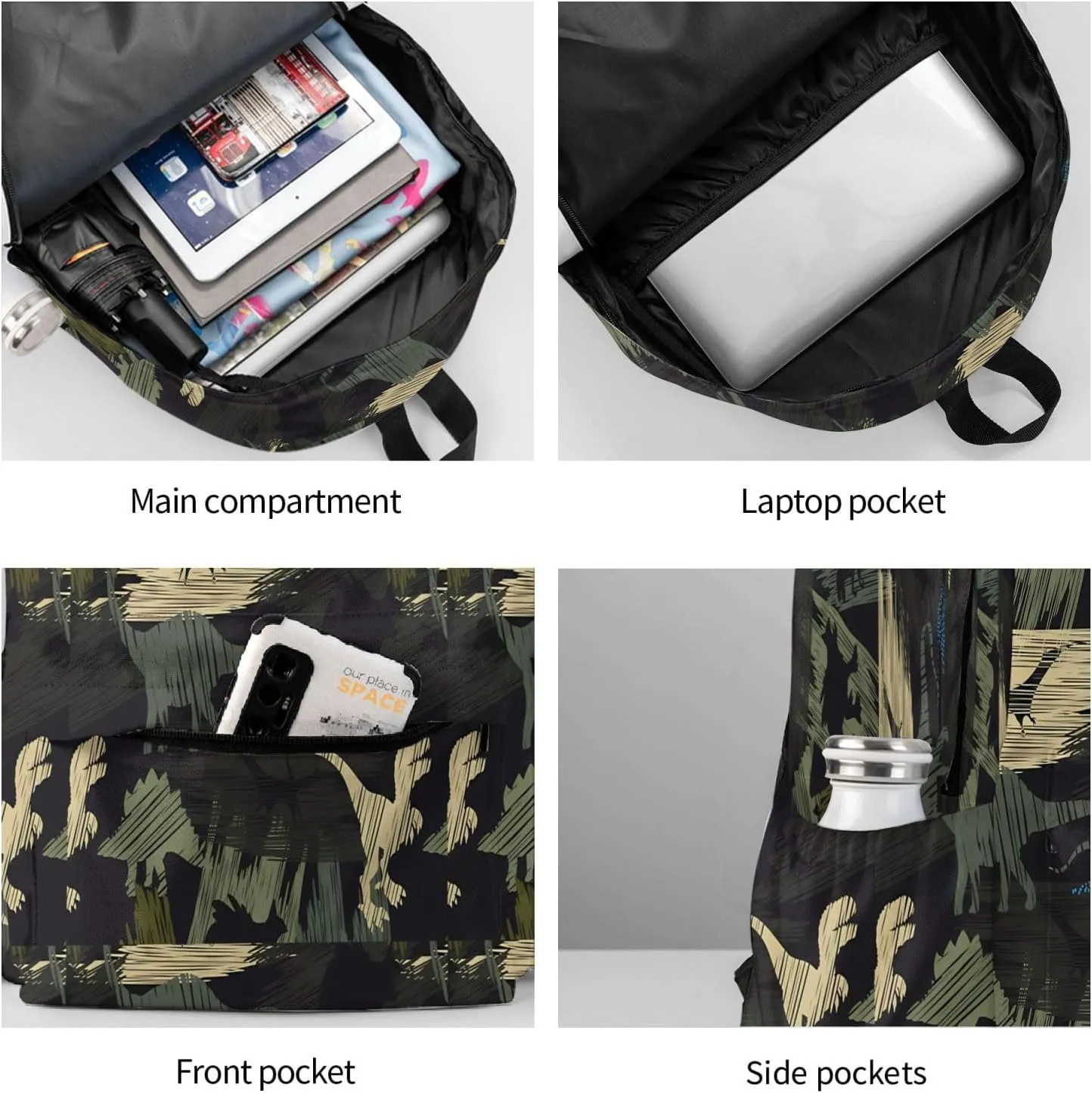Camouflage Dinosaur Pattern Laptop Backpack Shoulder Bag Laptop Pack Travel Backpacks Commuter Back Pack Casual Daypack Bags With Side Pockets