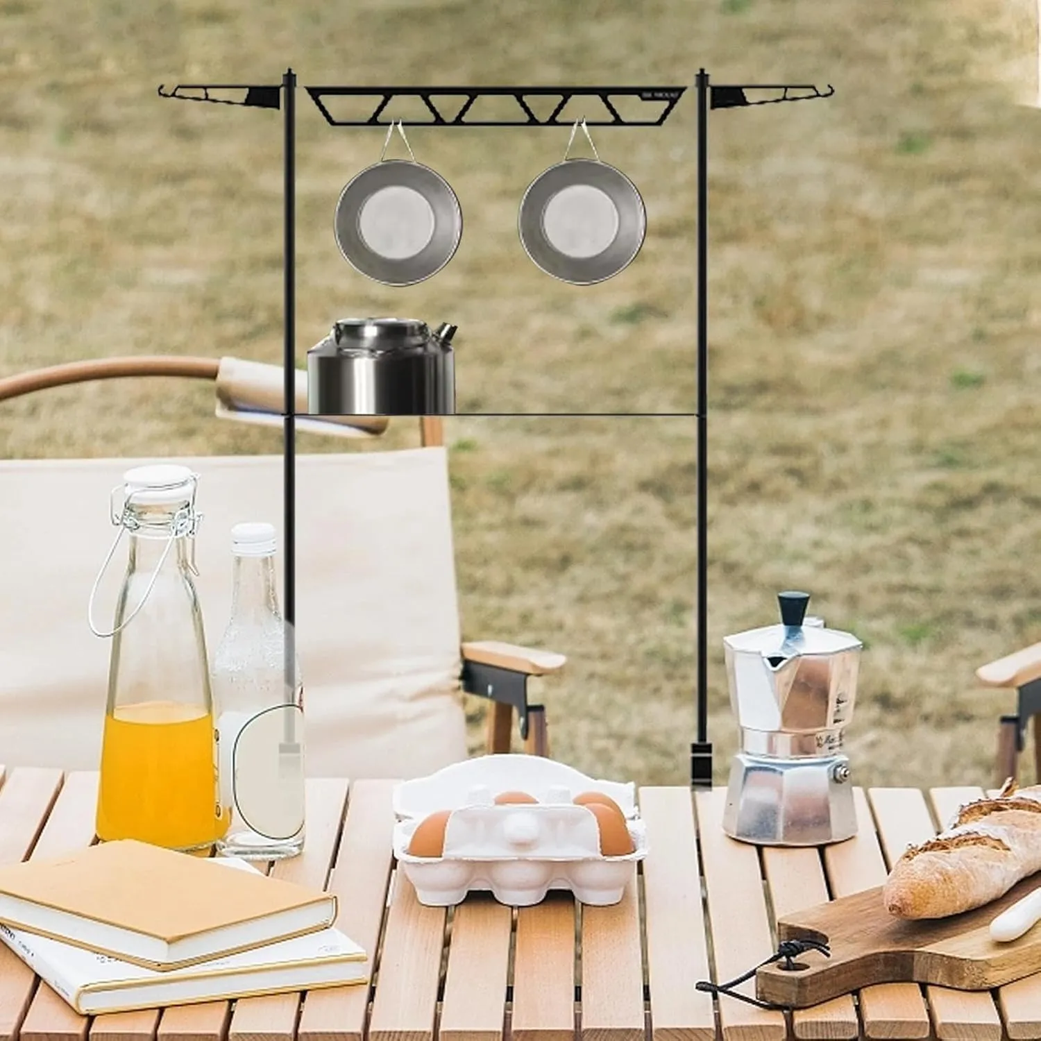 Camping Cookware Stand - Desktop Cookware Storage Stand | Removable Tool Organizer, Cutlery Holder, Pot Hanger, Metal Shelf for Picnic Grill Camping Travel Hiking