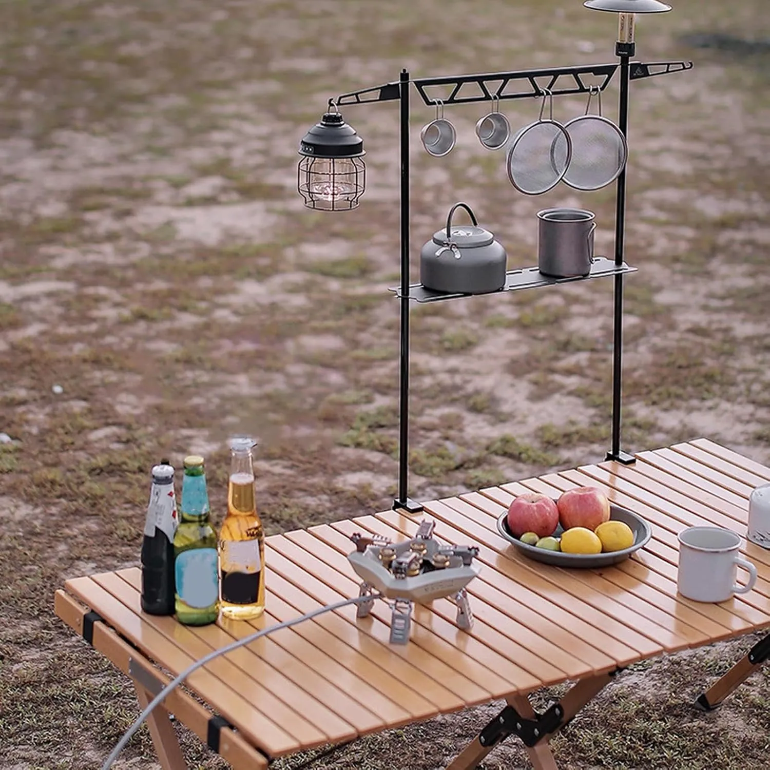 Camping Cookware Stand - Desktop Cookware Storage Stand | Removable Tool Organizer, Cutlery Holder, Pot Hanger, Metal Shelf for Picnic Grill Camping Travel Hiking