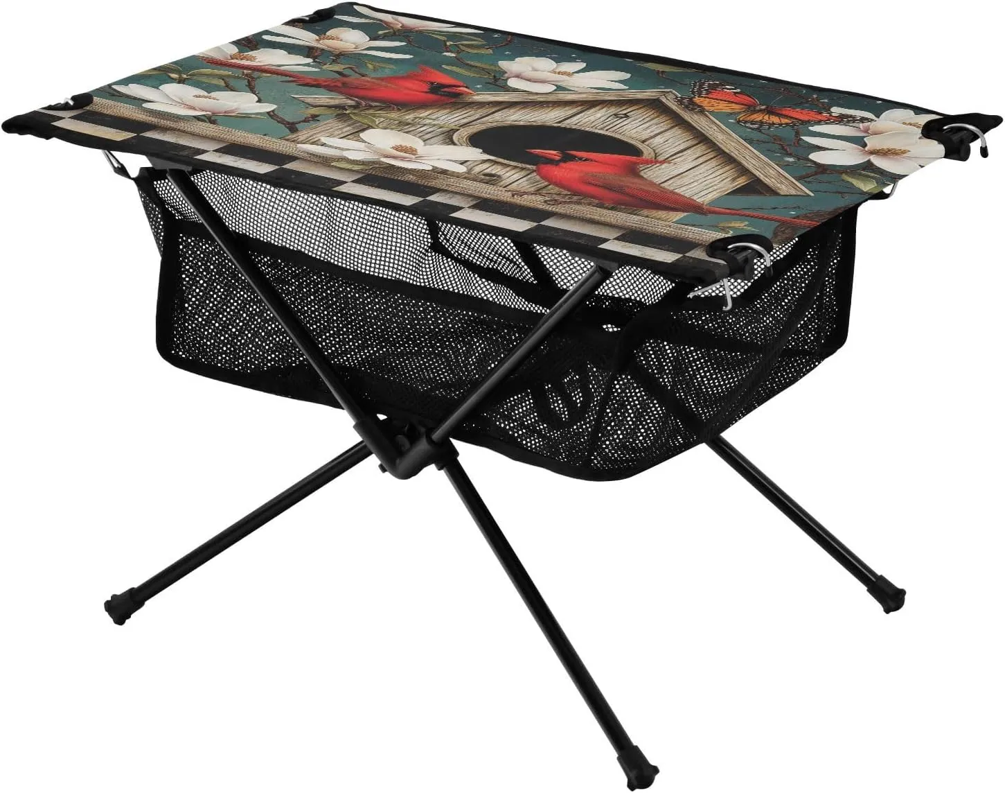 Camping Table Lightweight Portable Folding Table with Mesh Storage Net Flower Wooden House Checkered Bird Ideal for Camping Hiking Beach Picnic Travel Backyard