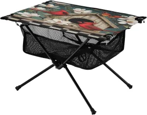 Camping Table Lightweight Portable Folding Table with Mesh Storage Net Flower Wooden House Checkered Bird Ideal for Camping Hiking Beach Picnic Travel Backyard