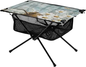 Camping Table Lightweight Portable Folding Table with Mesh Storage Net Wood Grain Butterfly Flower Ideal for Camping Hiking Beach Picnic Travel Backyard
