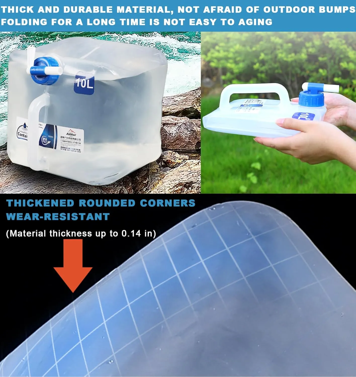 Camping Water Jug with Spigot (2.6 & 4 & 5.3 Gallon), BPA-Free Food-Grade LDPE Collapsible Water Container, Emergency Water Storage with Patented Leak-Proof Design for Hiking, Survival Gear & Outdoor