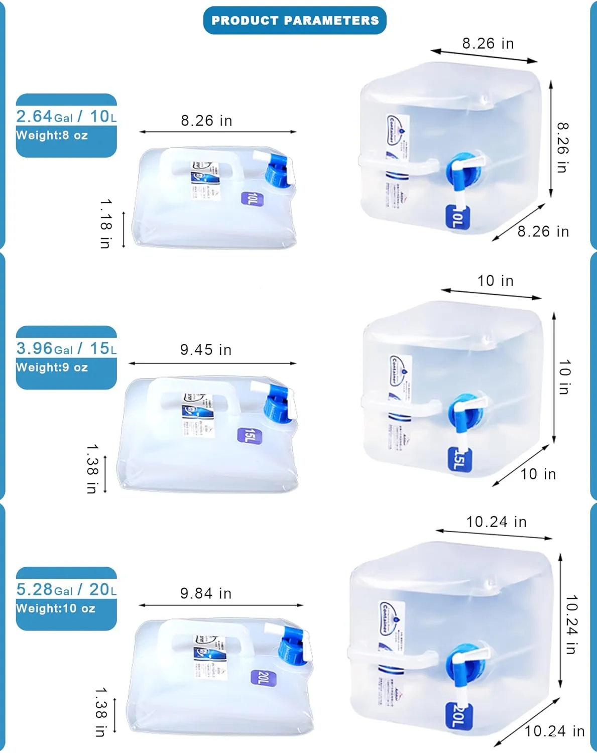 Camping Water Jug with Spigot (2.6 & 4 & 5.3 Gallon), BPA-Free Food-Grade LDPE Collapsible Water Container, Emergency Water Storage with Patented Leak-Proof Design for Hiking, Survival Gear & Outdoor
