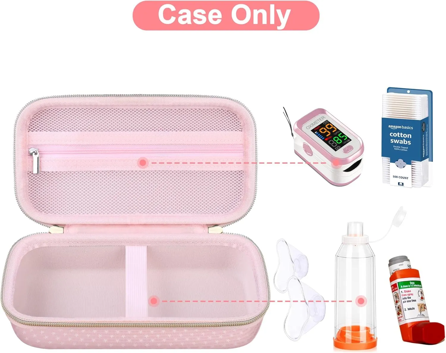 Canboc Carrying Case for Asthma Inhalers, Handheld Spacer for Kids and Adults, Face Masks, Space Chamber, Inhaler Spacer Case with Mesh Pocket fit Medicine and Other Essentials, Pink (Case Only)