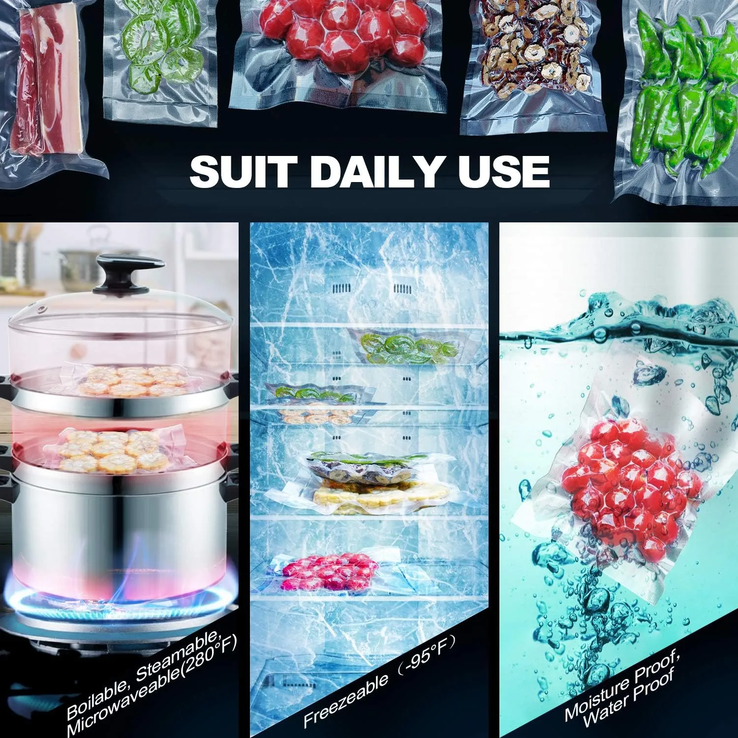 CANLENPK 6×10Inch/15x25cm Vacuum Sealer Bags,Pint SizePrecut Food Storage Bag,Seal Meal Snack Fruit Nut etc,Boil Steam Heat Freeze Safe,Commercial Grade Heavy Duty Sealable Sous Vide Bags(100PCS)