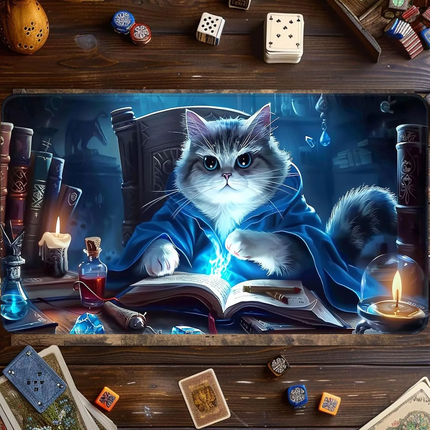 Card Game Playmat for MTG & TCG, 24x14 inch Non-Slip Magic Playmat, Durable Rubber Surface, Ideal for Card Games & Board Games, Portable with Storage Bag, Magic Cat
