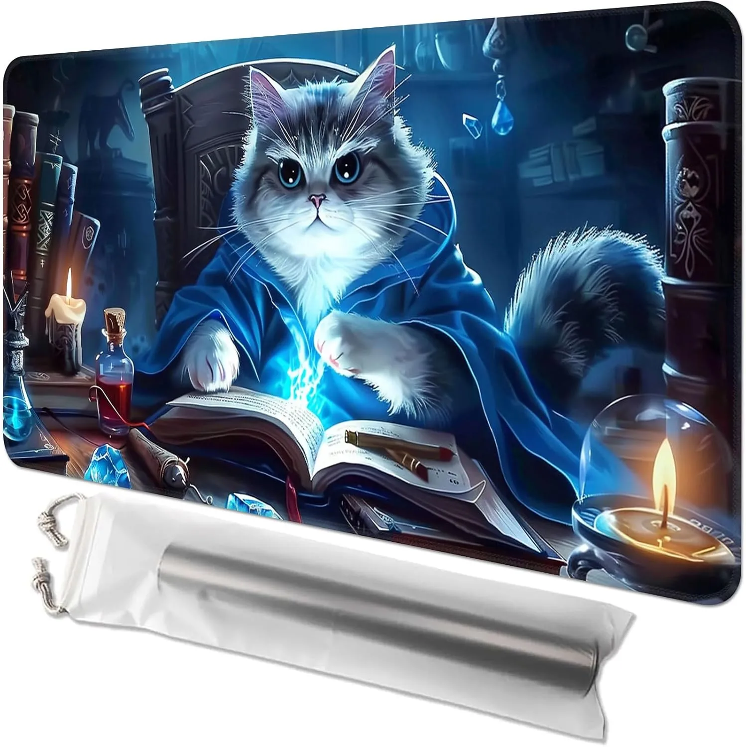Card Game Playmat for MTG & TCG, 24x14 inch Non-Slip Magic Playmat, Durable Rubber Surface, Ideal for Card Games & Board Games, Portable with Storage Bag, Magic Cat