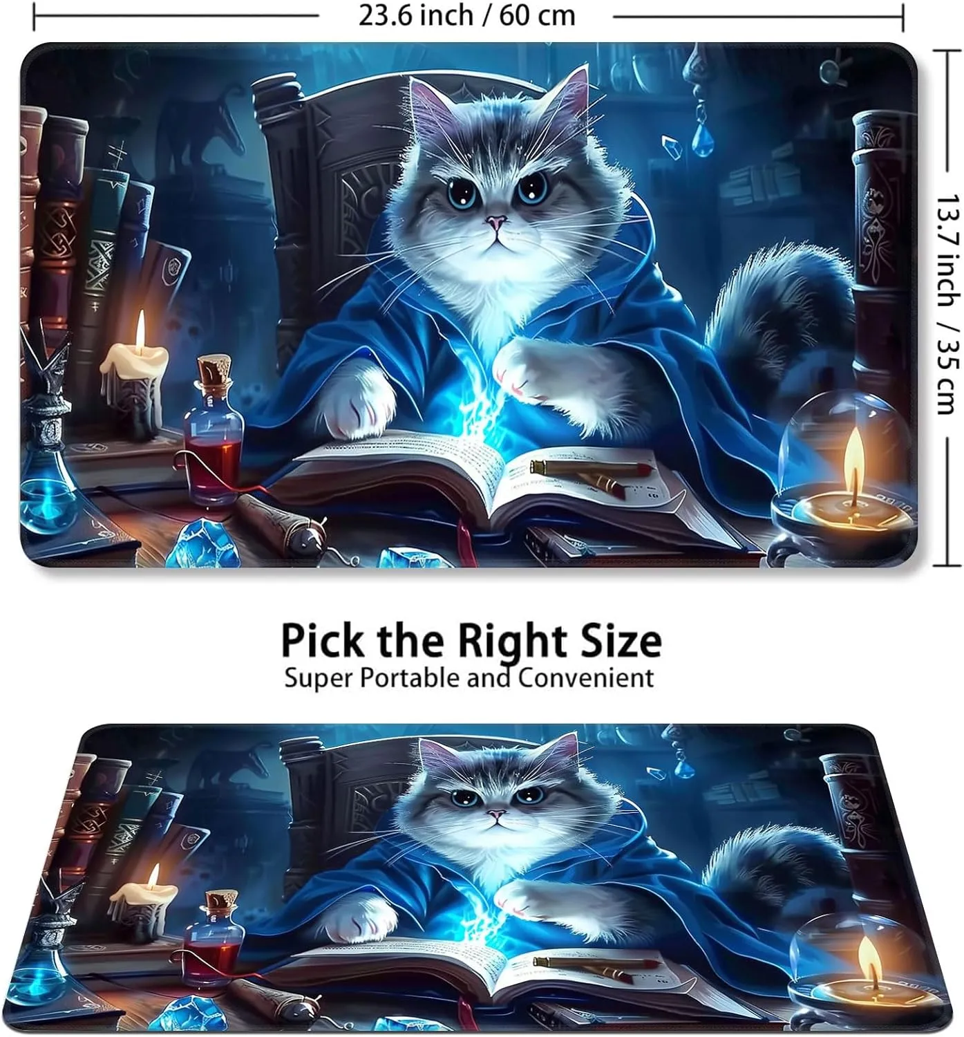 Card Game Playmat for MTG & TCG, 24x14 inch Non-Slip Magic Playmat, Durable Rubber Surface, Ideal for Card Games & Board Games, Portable with Storage Bag, Magic Cat