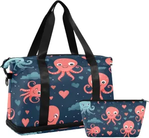 Cartoon Octopus Travel Duffel Bag Waterproof Gym Sport Tote Bag Carry On Weekender Bag with Compartment