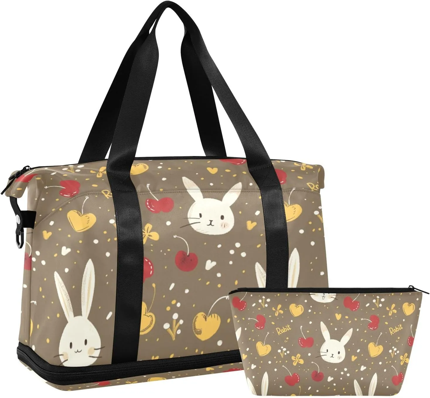 Cartoon Rabbit Red Bow Cherry Travel Duffel Bags Travel Weekender Gear Bag with Toiletry Bag for Workout 2 Pcs Set