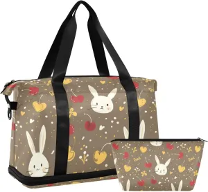 Cartoon Rabbit Red Bow Cherry Travel Duffel Bags Travel Weekender Gear Bag with Toiletry Bag for Workout 2 Pcs Set